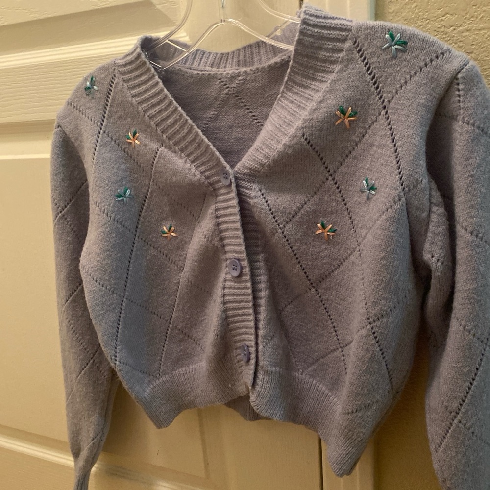 Embroidered Lavender Cardigan Sweater